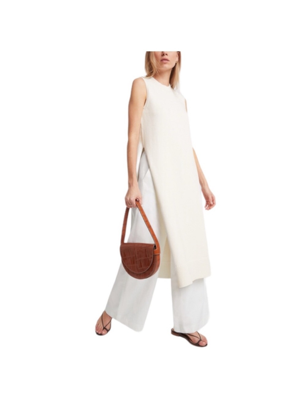 CO sleeveless tunic sweater side slits midi dress ivory white medium cotton